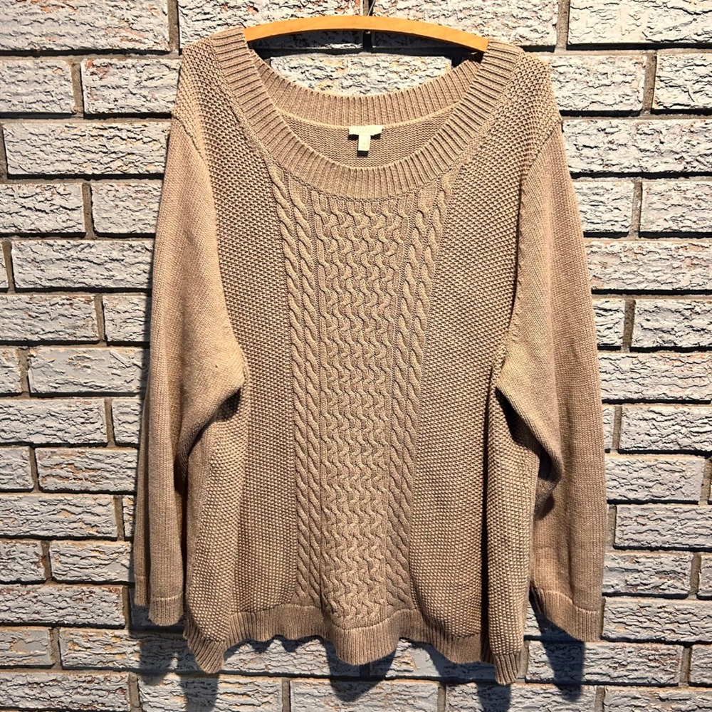 Talbots Woman Tan Beige Cable Knit Cotton Sweater Crew Neck Plus Size 3X